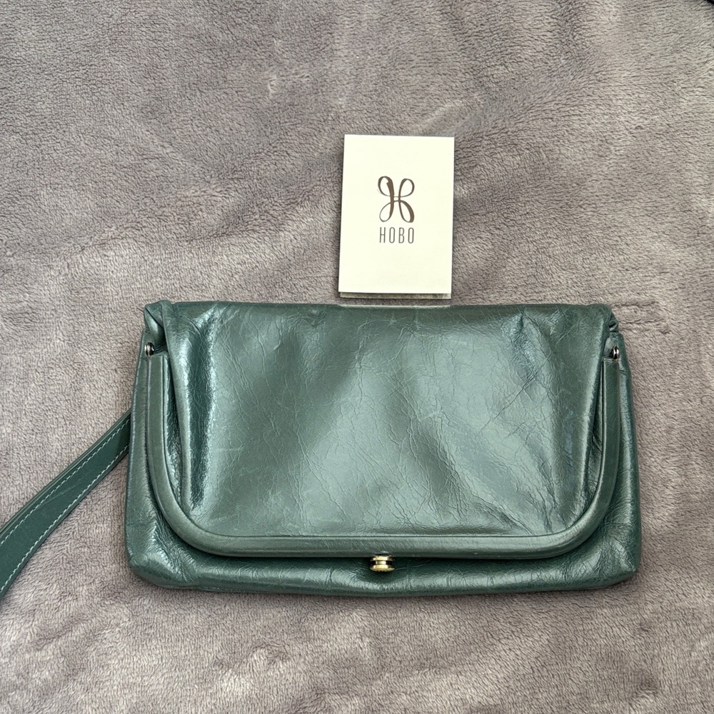 HOBO LAUREN Teal Green Leather Wristlet Clutch with Detachable Strap